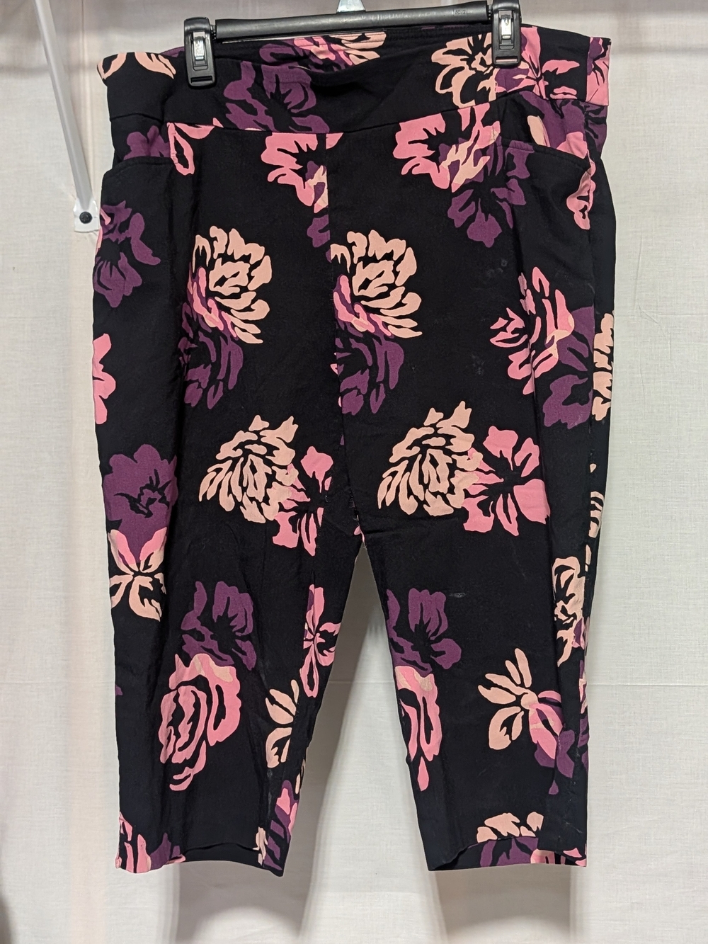 Terra & Sky Black Capris with Pink & Purple Floral Print